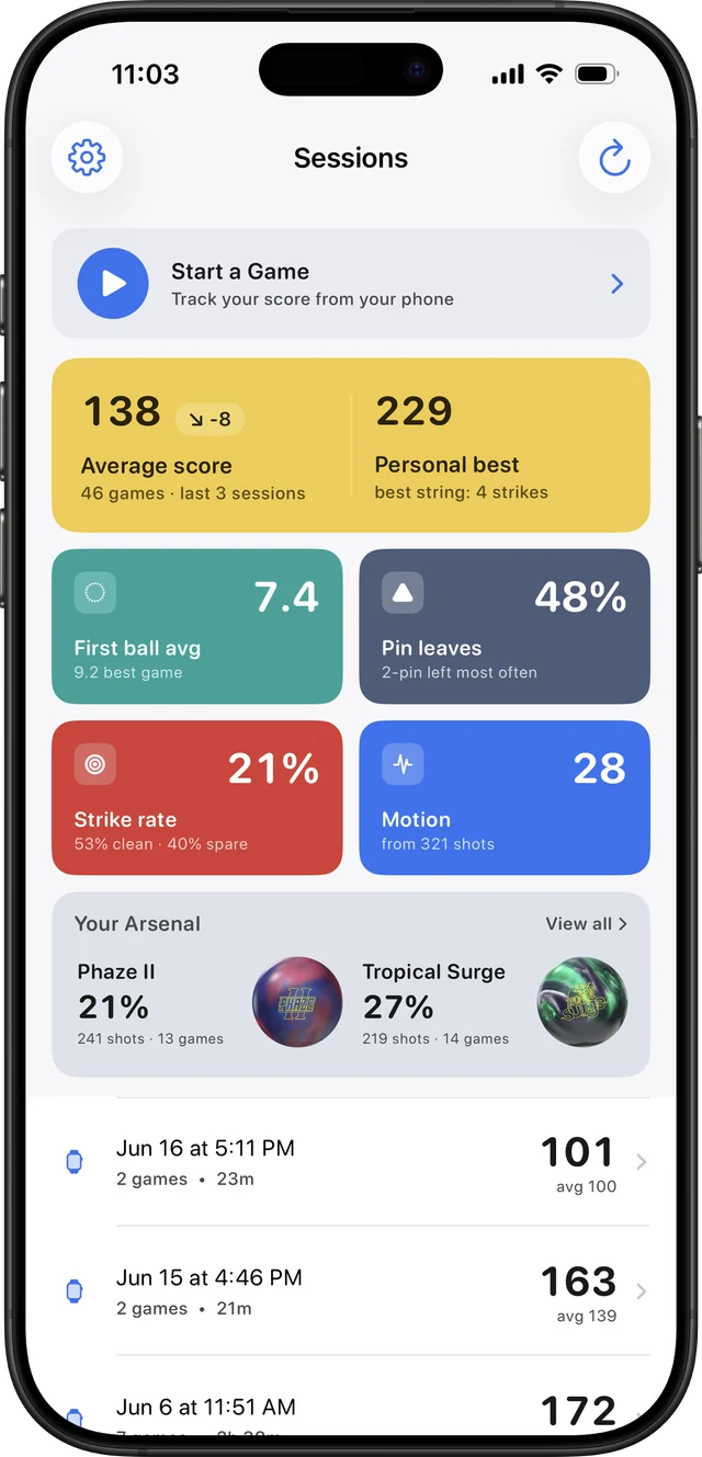 LaneCaddie iPhone dashboard: average score, personal best, first-ball average, strike rate and your ball arsenal.