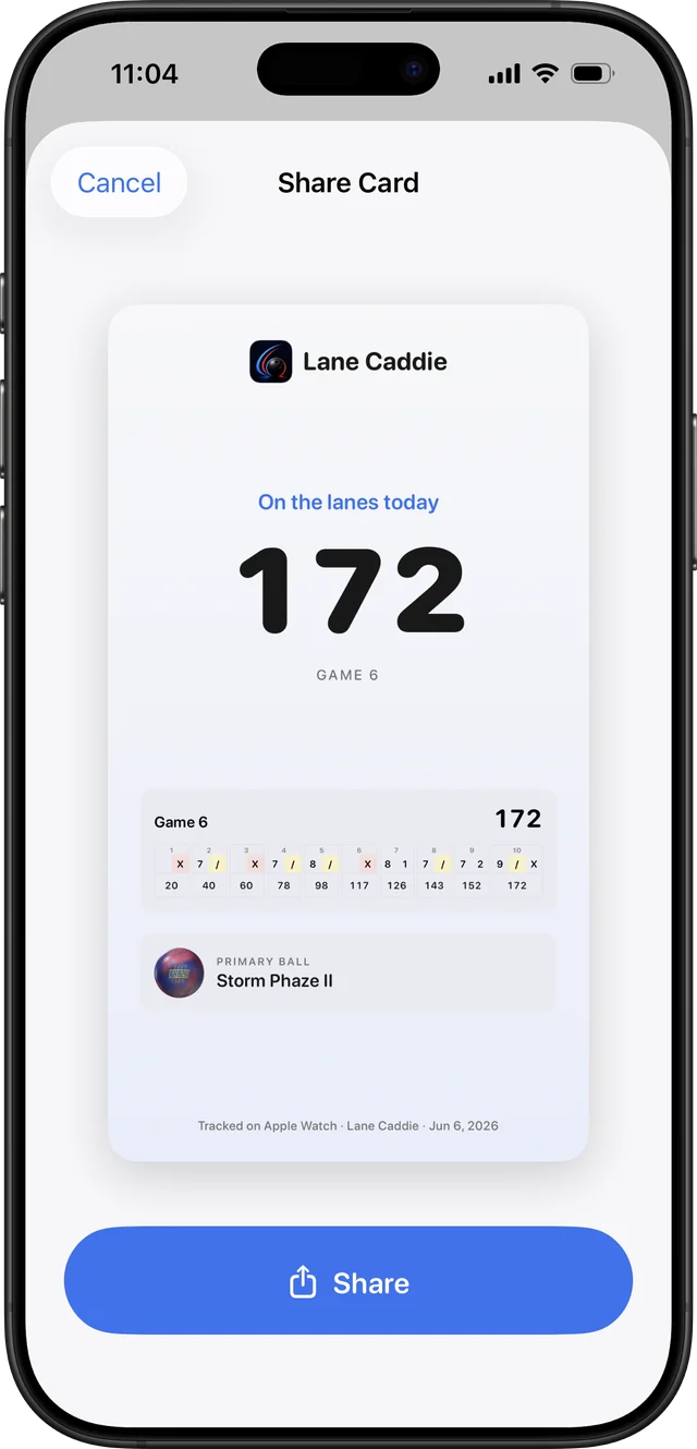 LaneCaddie iPhone share card: a clean recap of the night's games, scores and strikes, ready to share.