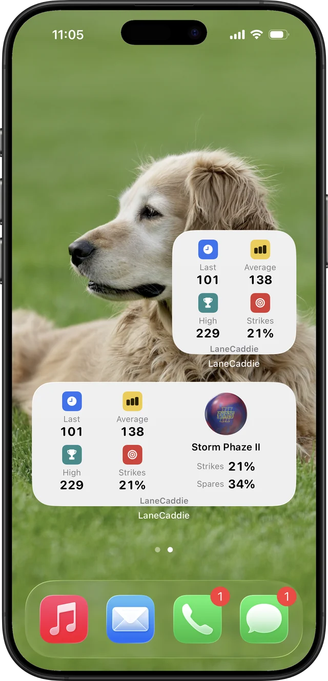 LaneCaddie 'Bowling Stats' iOS home-screen widget showing last game, average, high game and strike rate.