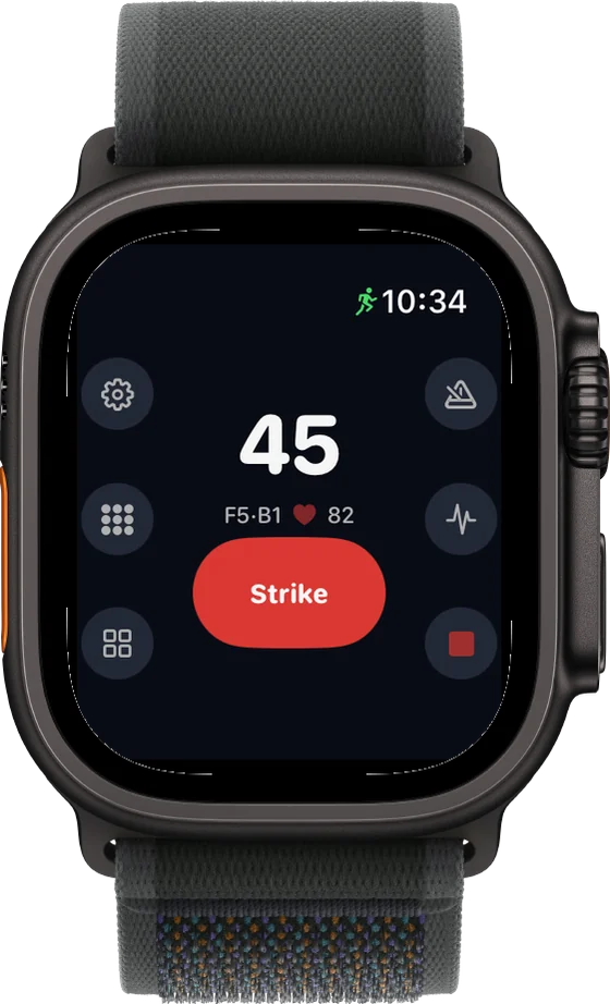LaneCaddie Apple Watch hub: live game score with a one-tap Strike button and round widgets for pins, motion and tempo.