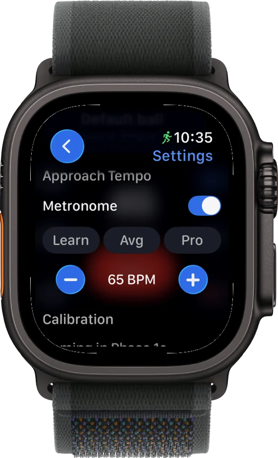 LaneCaddie Apple Watch tempo settings: a metronome toggle with Learn/Avg/Pro presets and a BPM stepper.