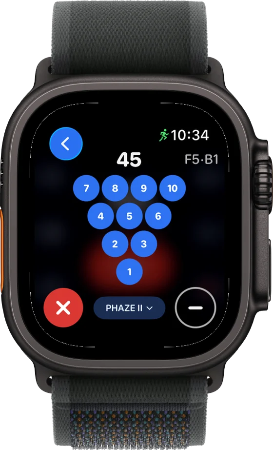 LaneCaddie Apple Watch Pin Deck: tap which pins fell to log the shot, with the running game score above.